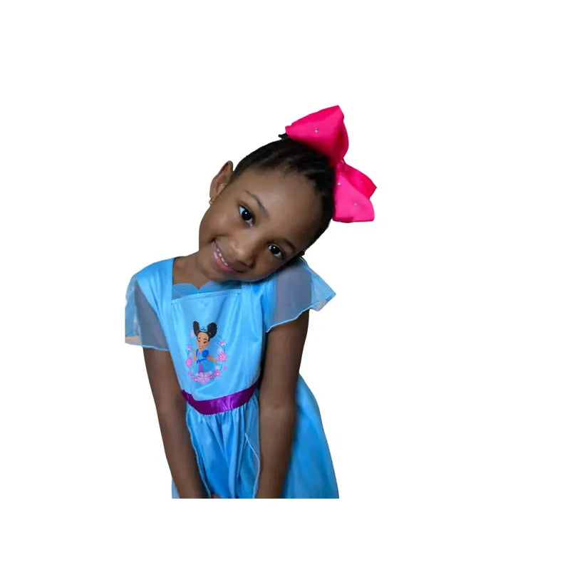 Princess Netta Blue Sleep Dress for Little Girls with African American Princess Design, Purple Ribbon & Tulle Overlay Nightgown Pastel Cute Pajamas