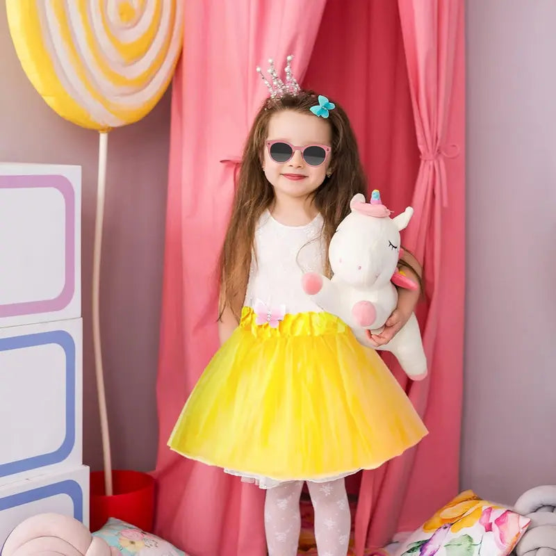 Girls' Sewn 5-Pack Polyester-Elastane 3-Layer Tulle Mini Tutu Skirts with 5 Flower Hairpins, Sweet A-Line Frills, Ballet Dancing Costumes, 12.2 Inch Length, 15"-31" Waist, for 18-24m/3-4 Years/5-8 Years Parties & Dress Up Gifts