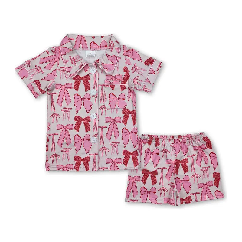 Leopard Print Pajama Set for Girls Ages 3-8T, 2-Piece Short Sleeve Cotton Blend Summer Sleepwear with Pockets & Bow, Girly Pajama Sets, Child Size Pajama Sets