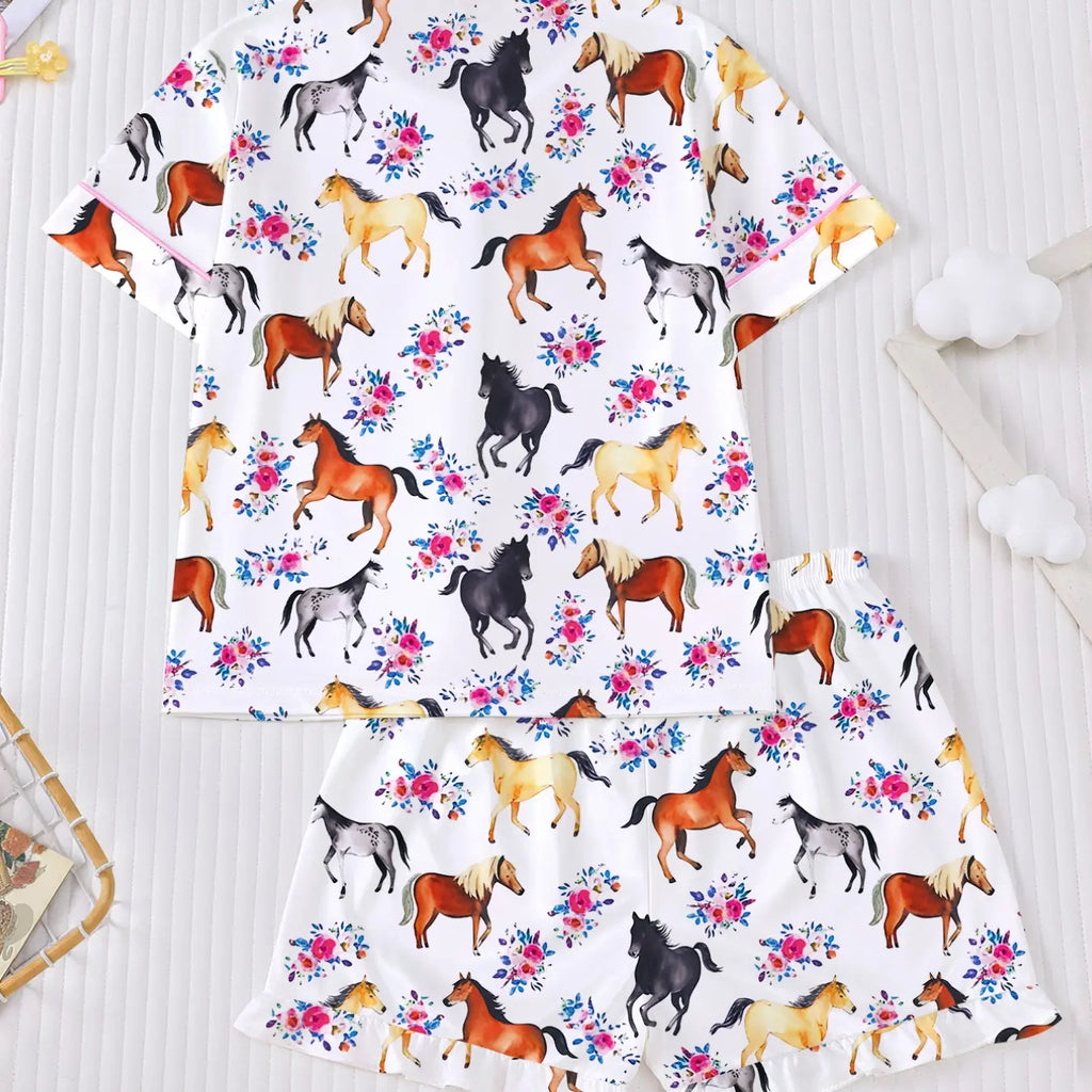 Girl's Horse And Floral Print Top & Shorts Pajama, Casual Comfy Cute Short Sleeve Top & Shorts Set, Kids Sleepwear for Summer Summer Pjs, Pj Sets