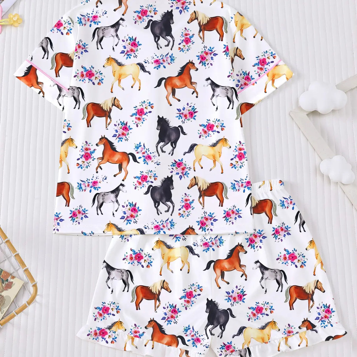 Girl's Horse And Floral Print Top & Shorts Pajama, Casual Comfy Cute Short Sleeve Top & Shorts Set, Kids Sleepwear for Summer Summer Pjs, Pj Sets