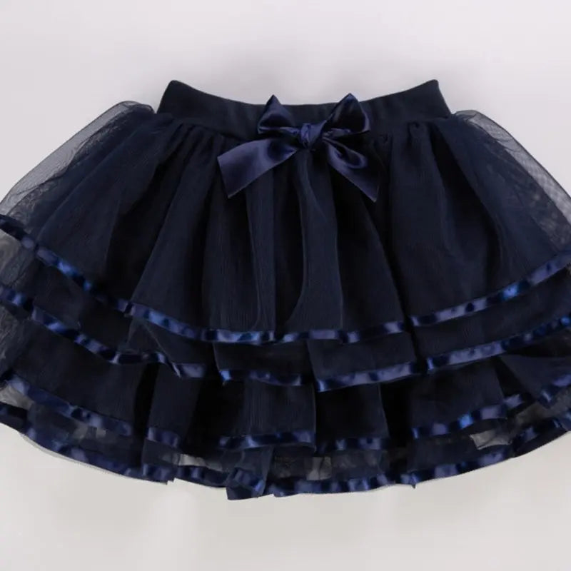 Girl Tutu Skirt Tiered Ruffled Mesh Puffy Drape Hem Bow Elastic Waistband Short Skirt
