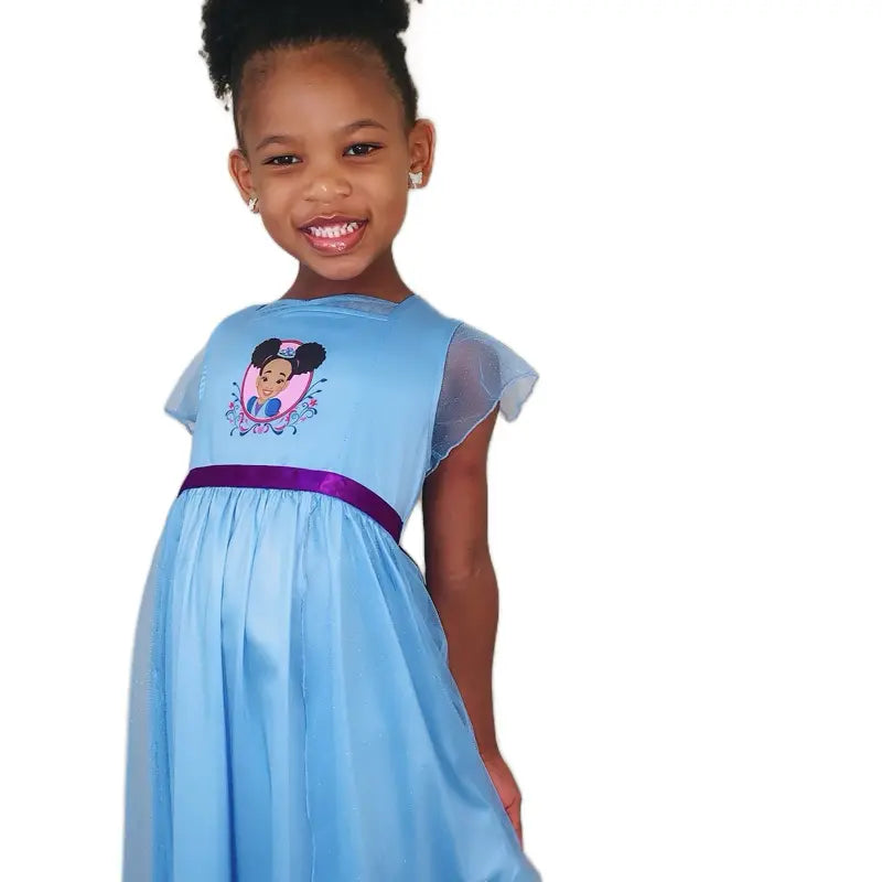 Princess Netta Blue Sleep Dress for Little Girls with African American Princess Design, Purple Ribbon & Tulle Overlay Nightgown Pastel Cute Pajamas