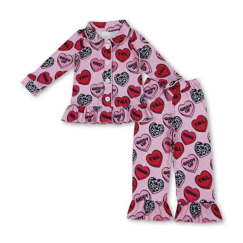 CFS Kids Girl Valentines Day Pajamas Set Cute Heart Cute Girl Winter Sleep Wear