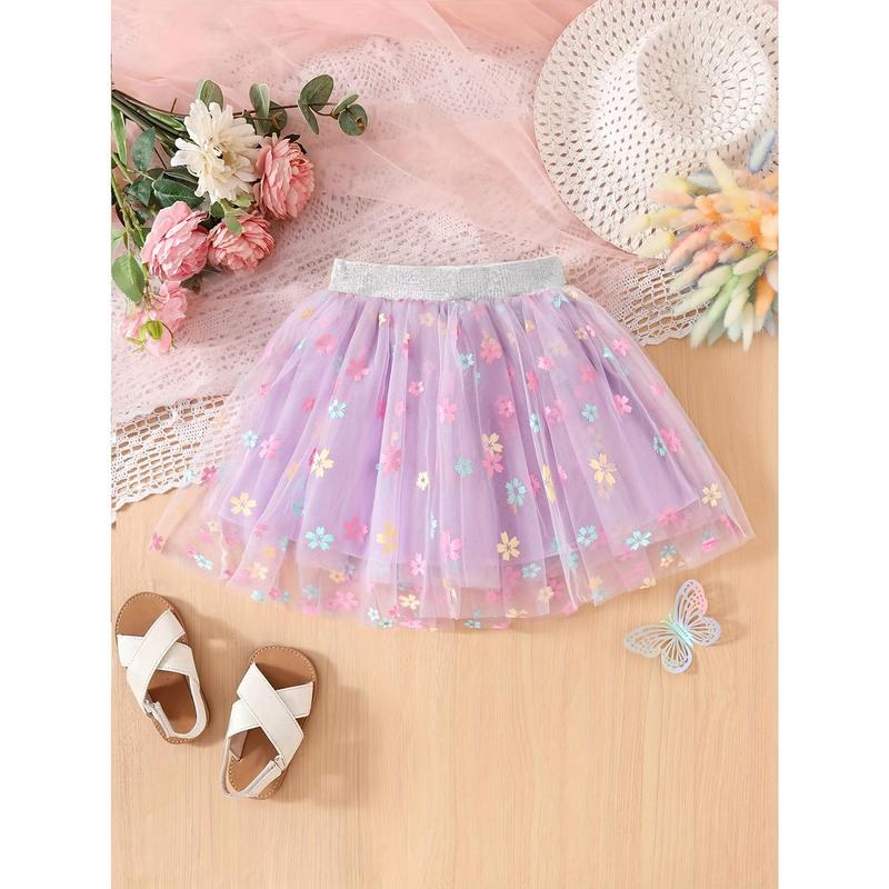 Girls' Sunflower Print Short Pleated Mesh Tutu Skirt - Elastic Waistband, Breathable Fabric, Princess Silhouette, All-Season Skirt for Festival, Birthday Party