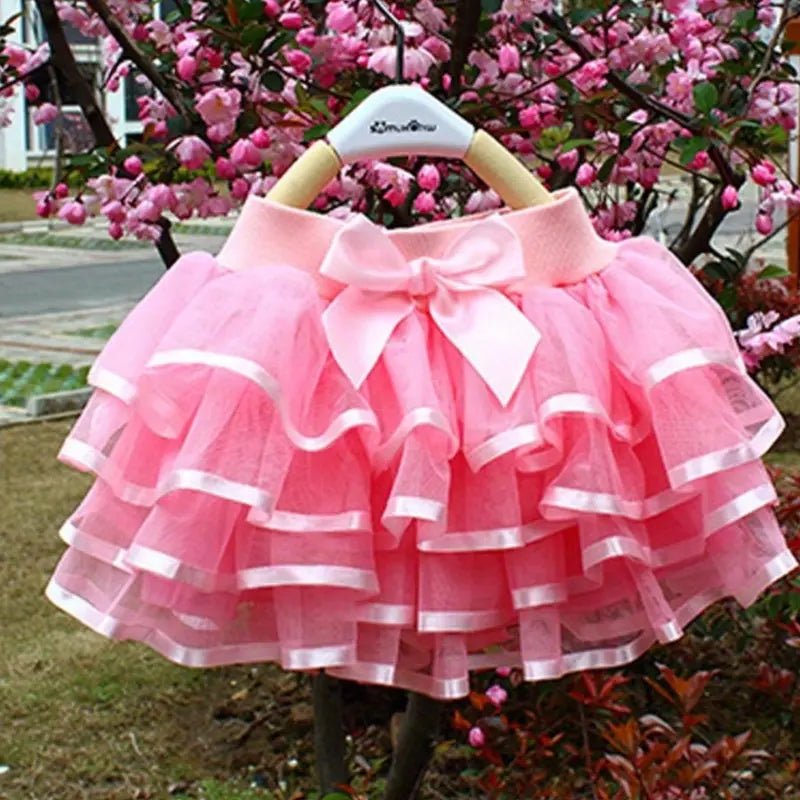 Girl Tutu Skirt Tiered Ruffled Mesh Puffy Drape Hem Bow Elastic Waistband Short Skirt