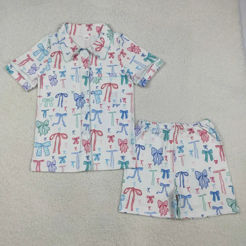 Leopard Print Pajama Set for Girls Ages 3-8T, 2-Piece Short Sleeve Cotton Blend Summer Sleepwear with Pockets & Bow, Girly Pajama Sets, Child Size Pajama Sets