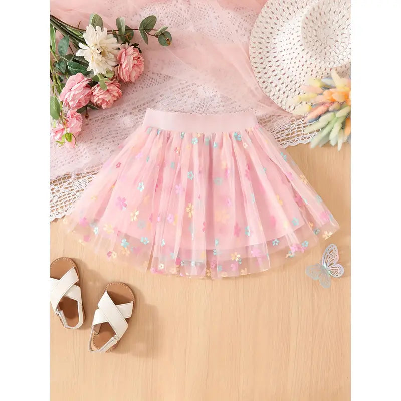 Girls' Sunflower Print Short Pleated Mesh Tutu Skirt - Elastic Waistband, Breathable Fabric, Princess Silhouette, All-Season Skirt for Festival, Birthday Party