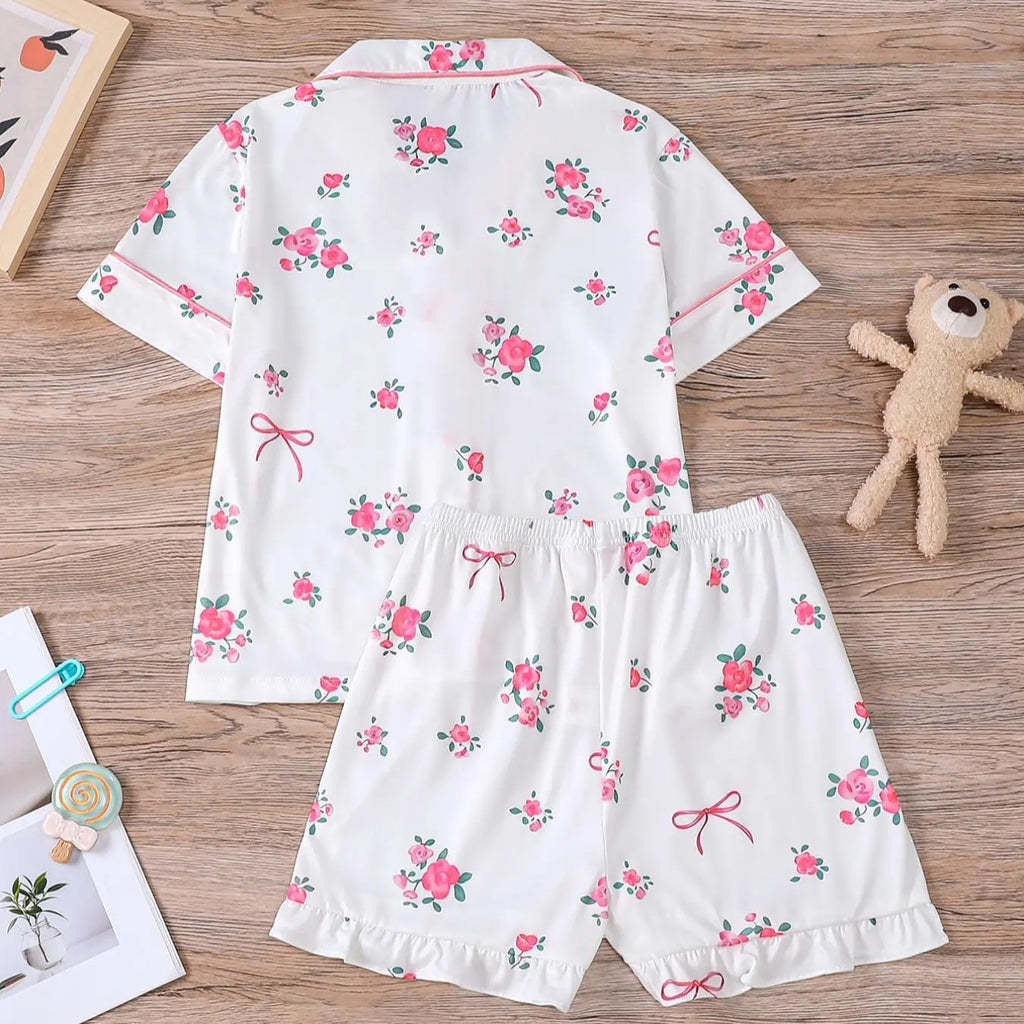Girl's Cherry Print Top & Shorts Pyjama Two-piece Set, Cute Comfy Short Sleeve Top & Shorts Set, Kids Sleepwear for All Seasons, Matching Pajama Set, Fruit Print Pajamas, Love Print Sleepwear, Summer Pjs, Casual Comfy Pyjama, Pj Sets, Pyjamas Set