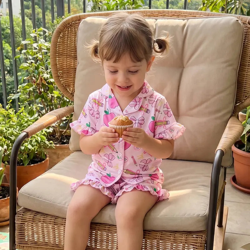 Little Girl Satin Pajamas Set Adorable Back to School Apple Bow Print Short Sleeve Turn Down Collar Tops with Shorts Sleepwear