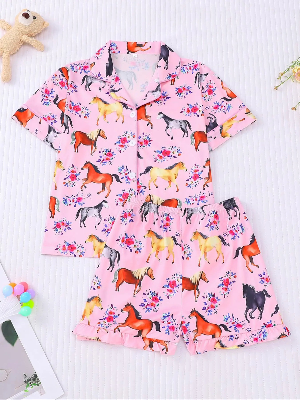 Girl's Horse And Floral Print Top & Shorts Pajama, Casual Comfy Cute Short Sleeve Top & Shorts Set, Kids Sleepwear for Summer Summer Pjs, Pj Sets