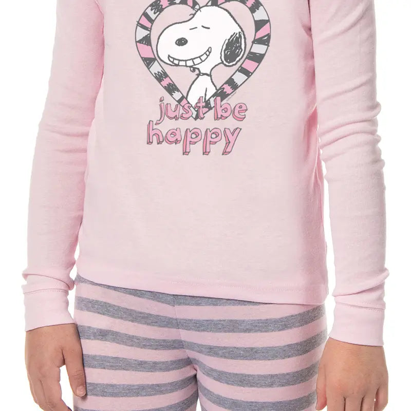 Peanuts Girls' Pink Snoopy Long Sleeve Elastic Waist Casual Comfy Pajama Outfit, Kids' Sleepwear Pajamas with "Just Be Happy" Design
