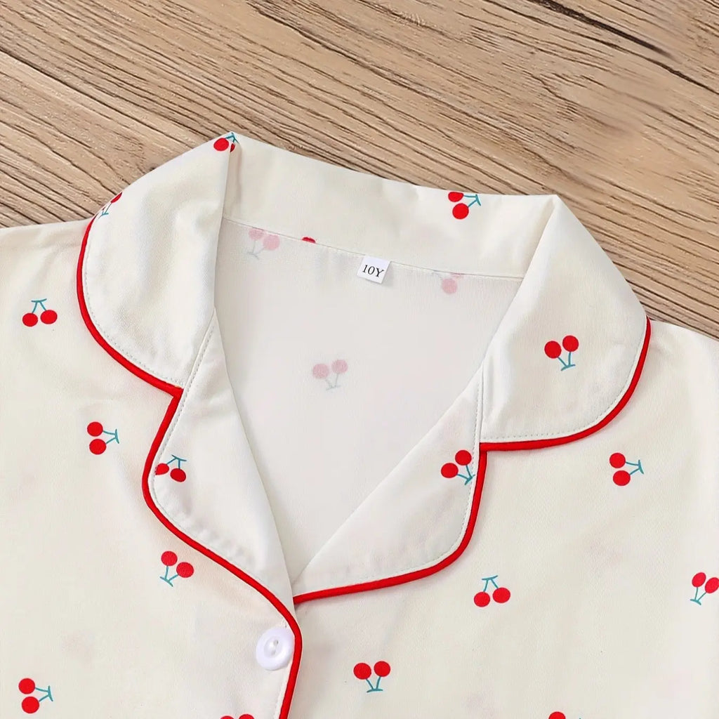 Girl's Cherry Print Top & Shorts Pyjama Two-piece Set, Cute Comfy Short Sleeve Top & Shorts Set, Kids Sleepwear for All Seasons, Matching Pajama Set, Fruit Print Pajamas, Love Print Sleepwear, Summer Pjs, Casual Comfy Pyjama, Pj Sets, Pyjamas Set