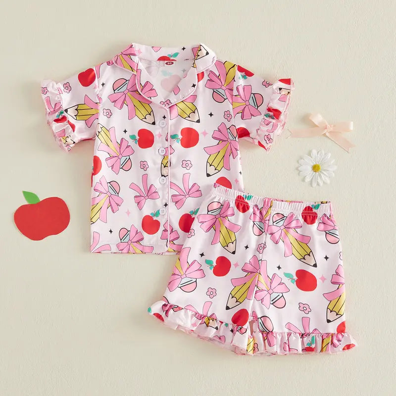 Little Girl Satin Pajamas Set Adorable Back to School Apple Bow Print Short Sleeve Turn Down Collar Tops with Shorts Sleepwear