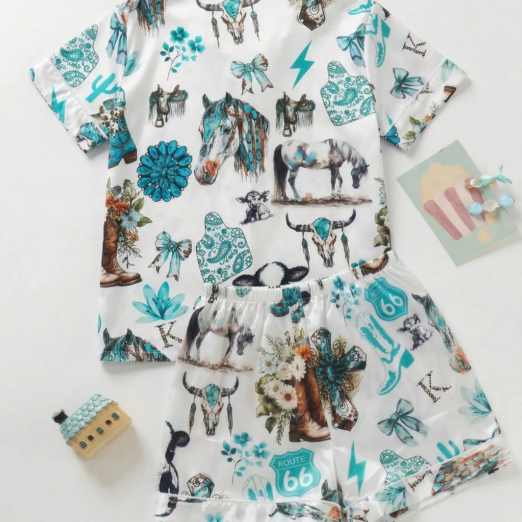 Girls' Satin Pajama Set 2 Piece, Sleepwear Set, Pj Sets, Pajama Clothes, Western Retro All over Print, Slim Fit Short Sleeve Cardigan & Elastic Waist Shorts, Breathable Fabric