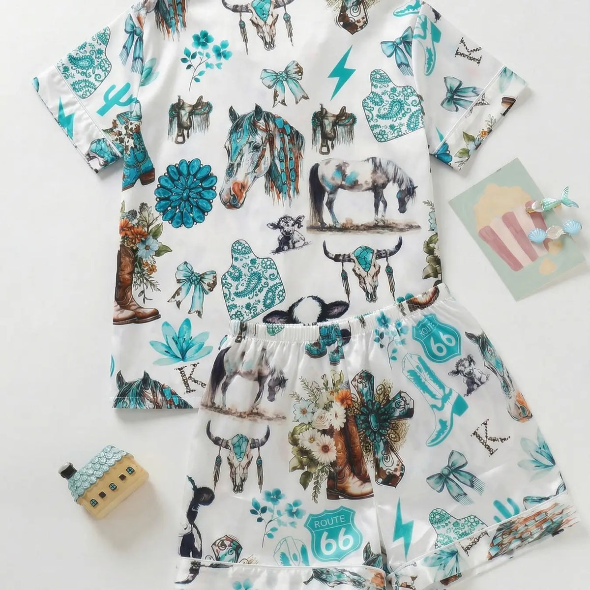 Girls' Satin Pajama Set 2 Piece, Sleepwear Set, Pj Sets, Pajama Clothes, Western Retro All over Print, Slim Fit Short Sleeve Cardigan & Elastic Waist Shorts, Breathable Fabric