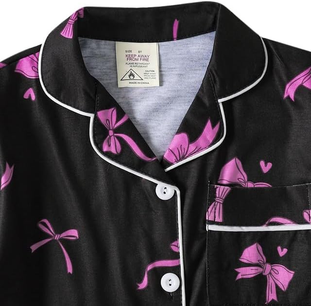 MyFav Girls Pajama Sets 3pcs Button Down Short Sleeve Top Shorts & Long Pants With Cute Patterns SleepwearNighty For Teens