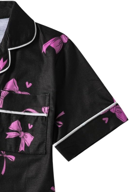 MyFav Girls Pajama Sets 3pcs Button Down Short Sleeve Top Shorts & Long Pants With Cute Patterns SleepwearNighty For Teens