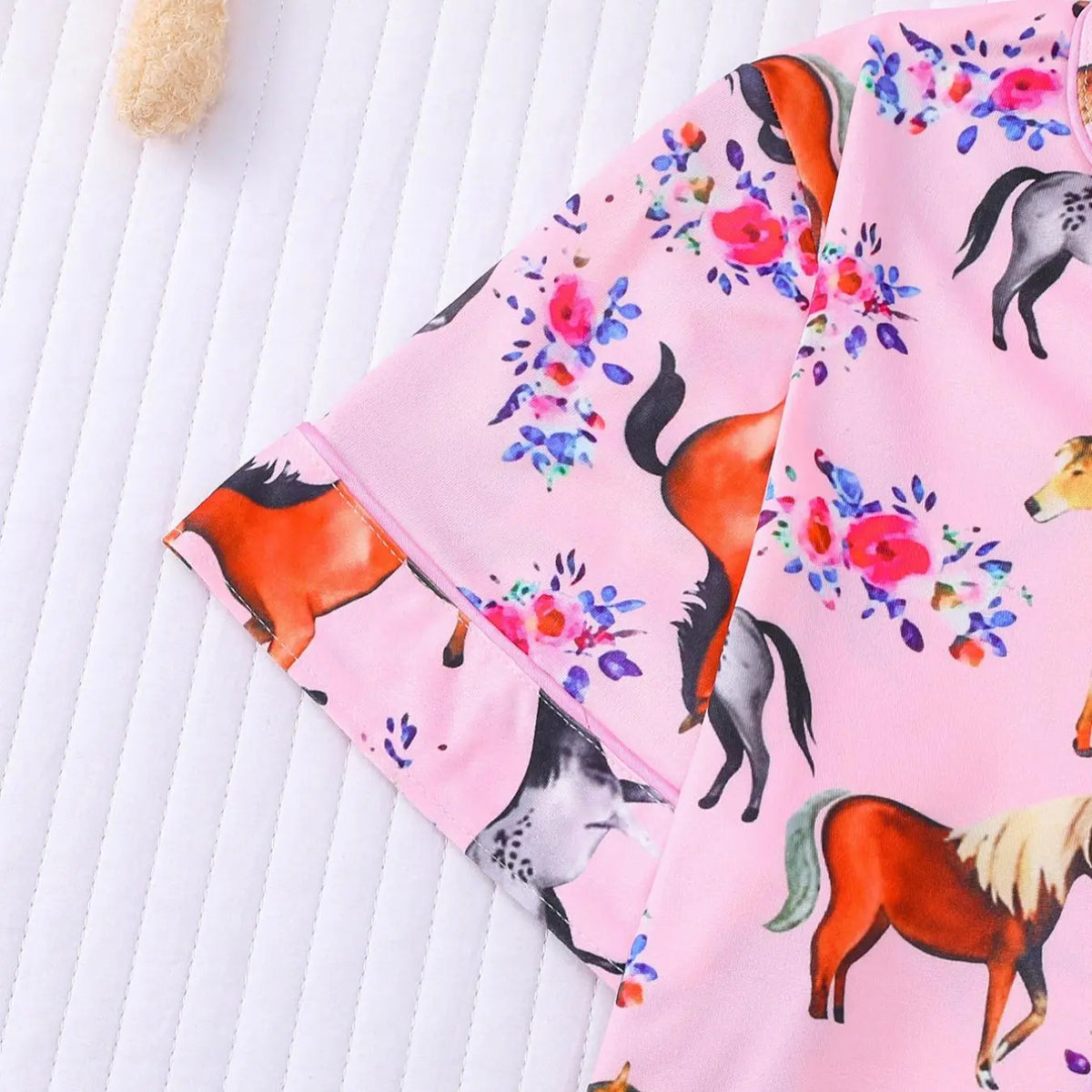Girl's Horse And Floral Print Top & Shorts Pajama, Casual Comfy Cute Short Sleeve Top & Shorts Set, Kids Sleepwear for Summer Summer Pjs, Pj Sets