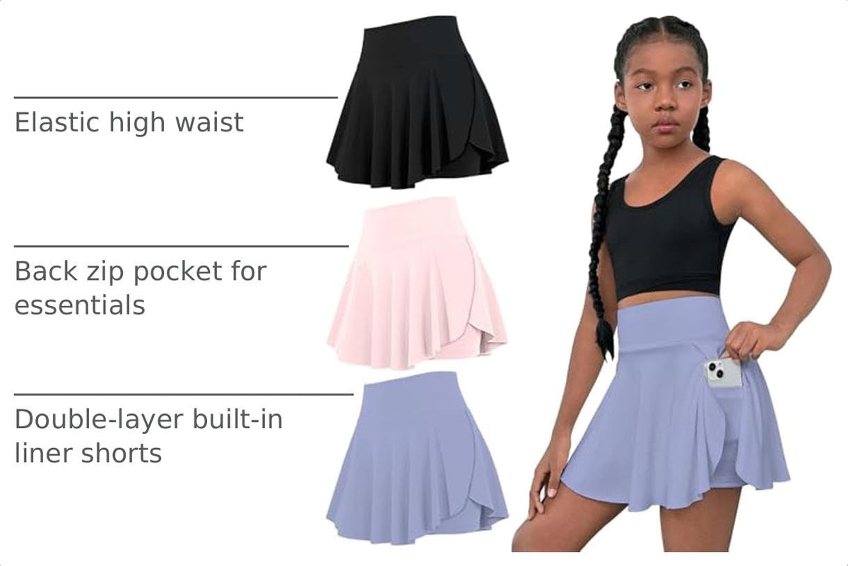OEBLD Girls Athletic Skort High Waist Tennis Skirts with Shorts Butterfly Ruffle School Skirts with Pockets