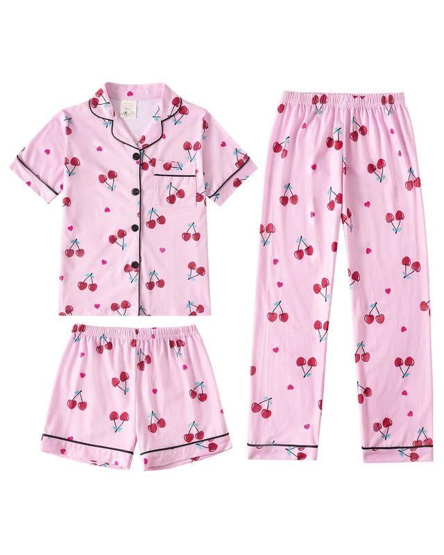 MyFav Girls Pajama Sets 3pcs Button Down Short Sleeve Top Shorts & Long Pants With Cute Patterns SleepwearNighty For Teens
