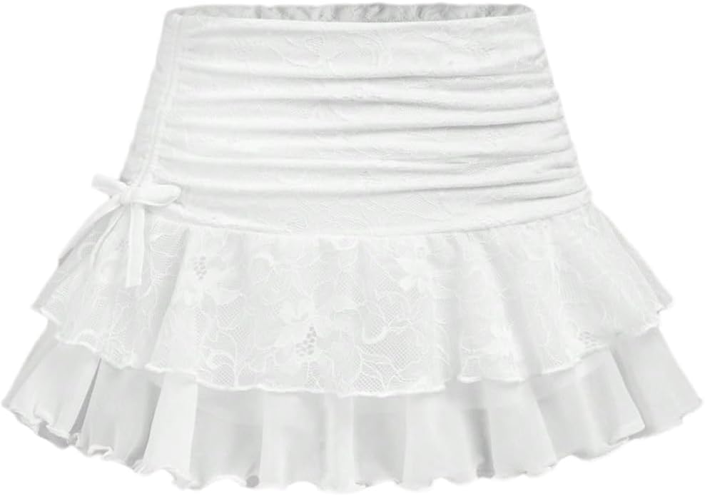 BEAUDRM Girl's Y2k Lace Mini Skirt Ruched Layered Ruffle A Line Flared Skorts Cute Shorts Summer Outfits