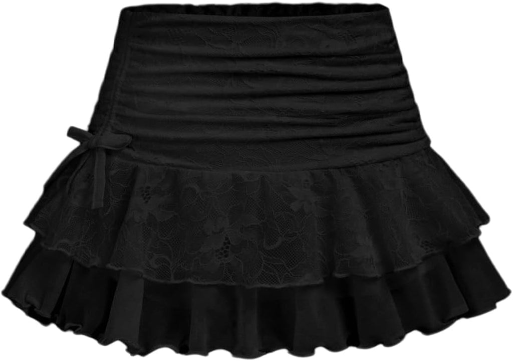 BEAUDRM Girl's Y2k Lace Mini Skirt Ruched Layered Ruffle A Line Flared Skorts Cute Shorts Summer Outfits