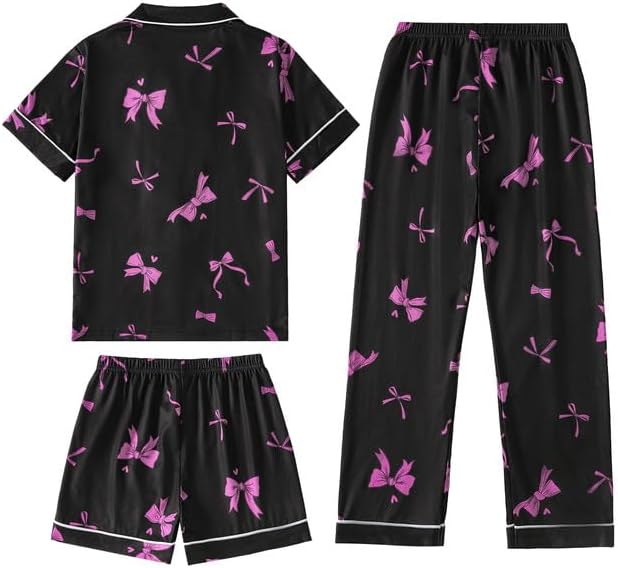 MyFav Girls Pajama Sets 3pcs Button Down Short Sleeve Top Shorts & Long Pants With Cute Patterns SleepwearNighty For Teens