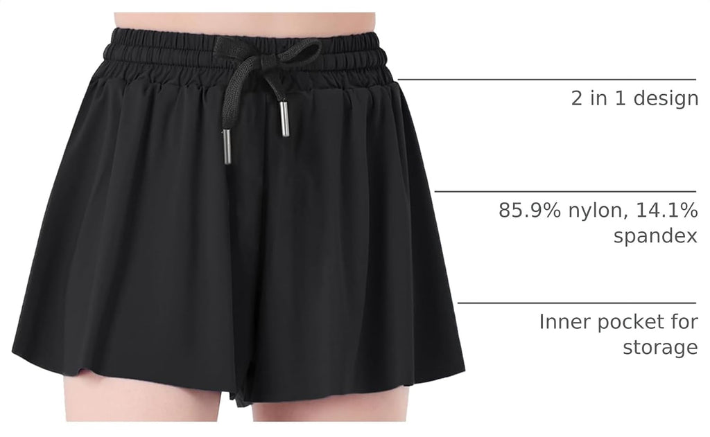 Butterfly Shorts Girls 2 in 1 Flowy Shorts with Pocket Athletic Skorts for Girls Running Tennis Skirts 2-14Y