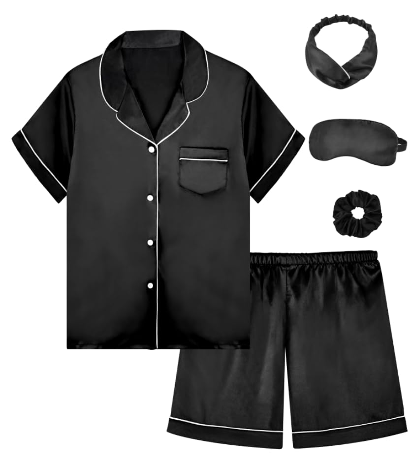 SEALINF Satin Girl Pajama Set Silk Pajamas for Girls With Eyemask 2 Pcs Button-up Sleepwear Kid Pjs Nightwear