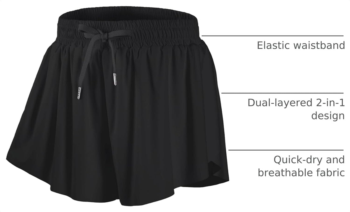 DIPUG Girls Butterfly Shorts with Pocket 2-in-1 Flowy Athletic Cheer Skorts