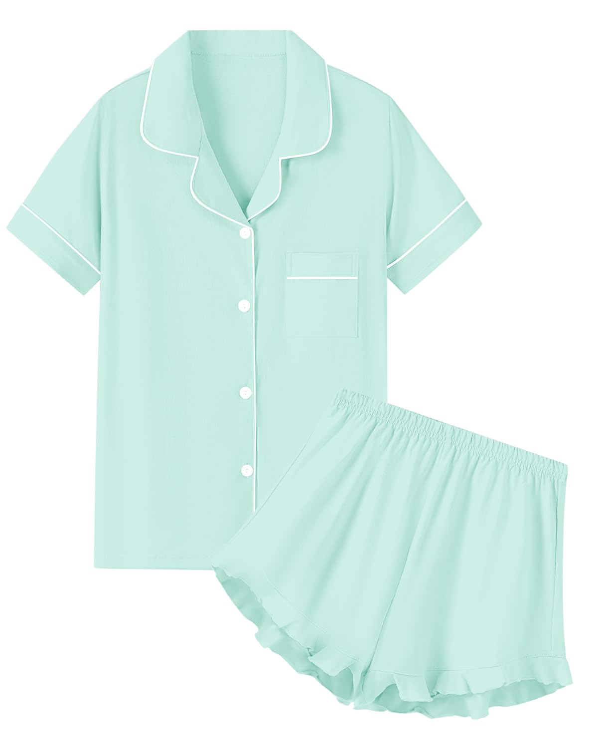 QZH.DUAO Girls & Women Pajama Sets Cotton Sleepwear Button Down Short Sleeve With Ruffle Shorts PJS 5 Years-Large
