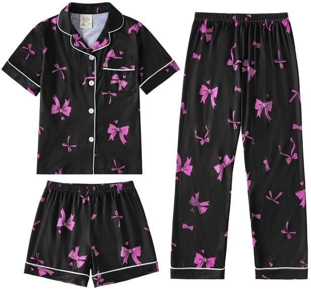 MyFav Girls Pajama Sets 3pcs Button Down Short Sleeve Top Shorts & Long Pants With Cute Patterns SleepwearNighty For Teens