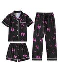 MyFav Girls Pajama Sets 3pcs Button Down Short Sleeve Top Shorts & Long Pants With Cute Patterns SleepwearNighty For Teens