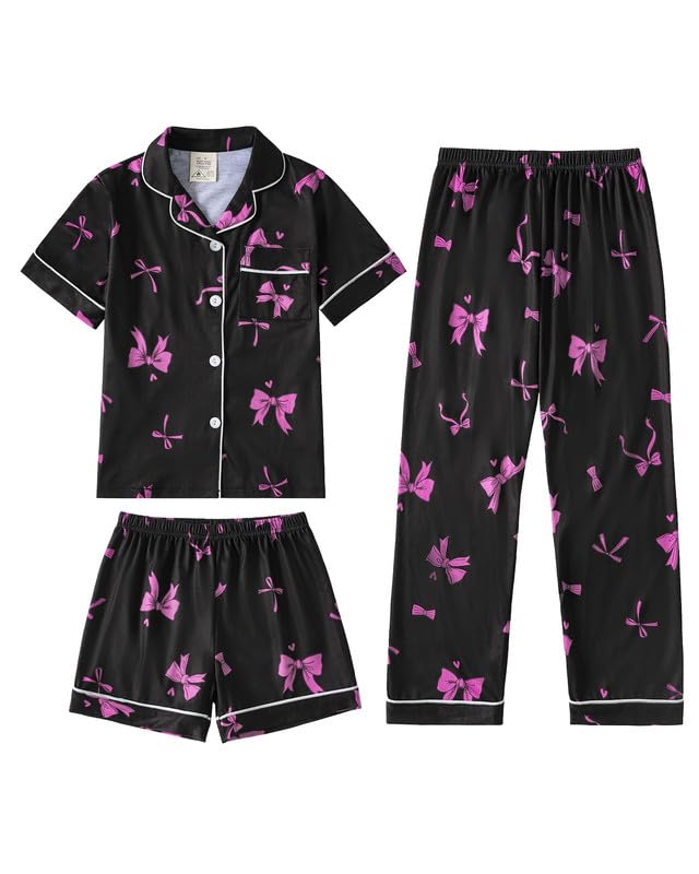 MyFav Girls Pajama Sets 3pcs Button Down Short Sleeve Top Shorts & Long Pants With Cute Patterns SleepwearNighty For Teens
