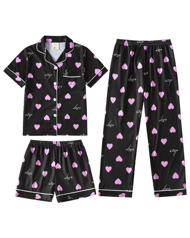 MyFav Girls Pajama Sets 3pcs Button Down Short Sleeve Top Shorts & Long Pants With Cute Patterns SleepwearNighty For Teens