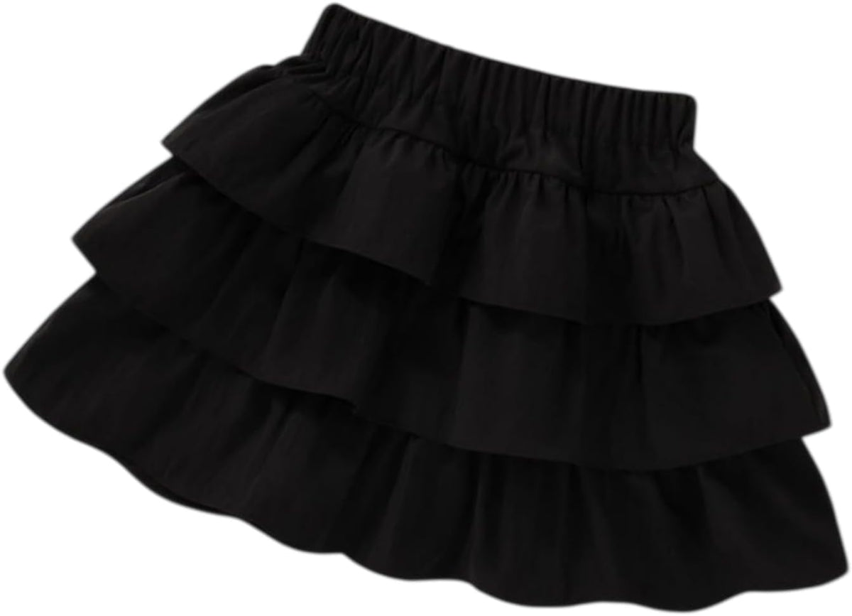 Little Girls 3 Layers Ruffle Skirts with Shorts School Uniform Skirts for Girls Casual Travel Party