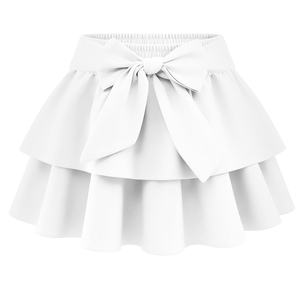 Girls Bow Mini Skirts Kids Elastic High Waisted Ruffle Tiered Skirt Party Dance Layered Skort for Teen 5-14 Years
