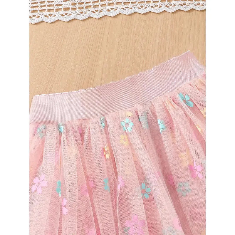 Girls' Sunflower Print Short Pleated Mesh Tutu Skirt - Elastic Waistband, Breathable Fabric, Princess Silhouette, All-Season Skirt for Festival, Birthday Party