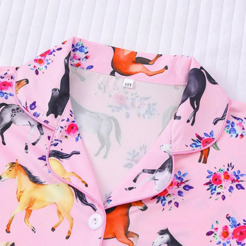 Girl's Horse And Floral Print Top & Shorts Pajama, Casual Comfy Cute Short Sleeve Top & Shorts Set, Kids Sleepwear for Summer Summer Pjs, Pj Sets