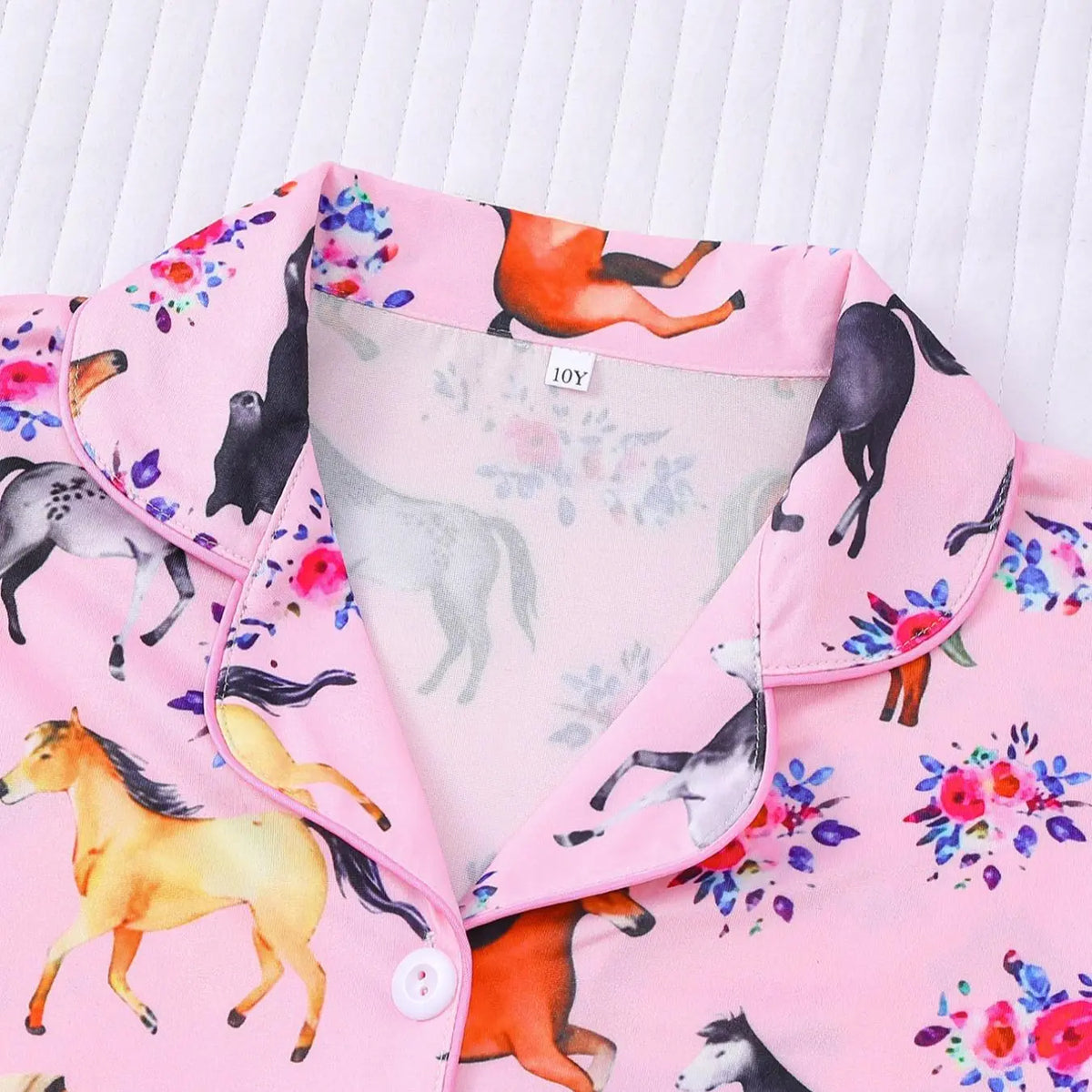 Girl's Horse And Floral Print Top & Shorts Pajama, Casual Comfy Cute Short Sleeve Top & Shorts Set, Kids Sleepwear for Summer Summer Pjs, Pj Sets
