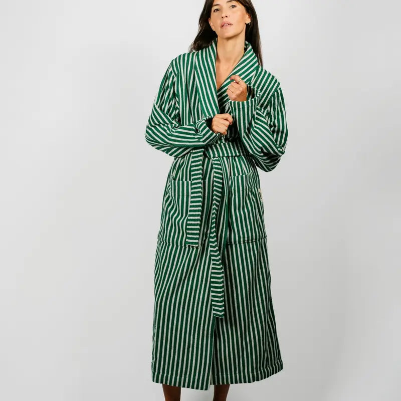Organic Cotton Striped Bathrobe | Teal Green