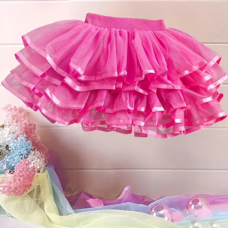 Girls' Polyester Woven Puffy Bow Cake Skirt - Plain, Bubble-Hem, Fairy Style, Non-Stretch, Regular Fit, Casual All-Season Kids' Fashion Skirt (7-8y)