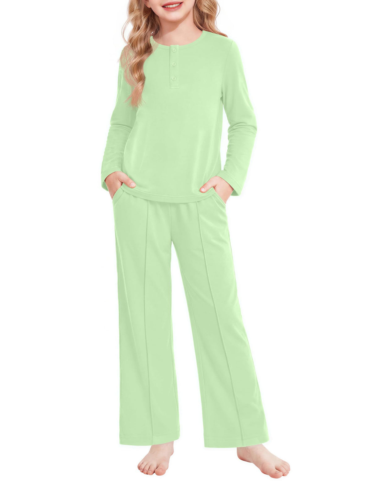 Arshiner Girls Pajamas Long Sleeve Sleepwear Comfy Henley Neck Pjs Set