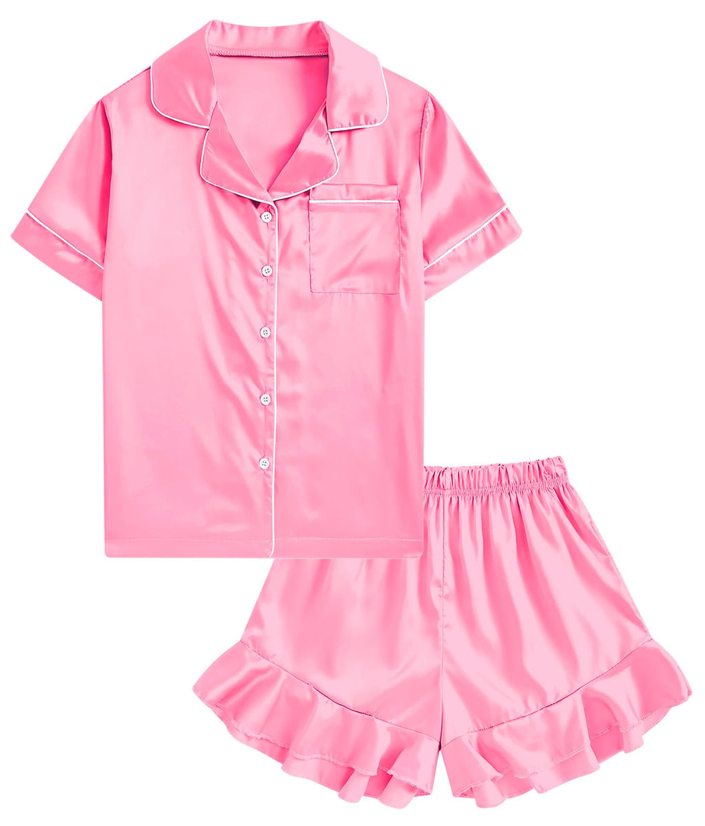 UNIFACO Girls Silk Satin Pajama Set, Short Sleeve Button Down PJs
