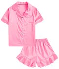 UNIFACO Girls Silk Satin Pajama Set, Short Sleeve Button Down PJs