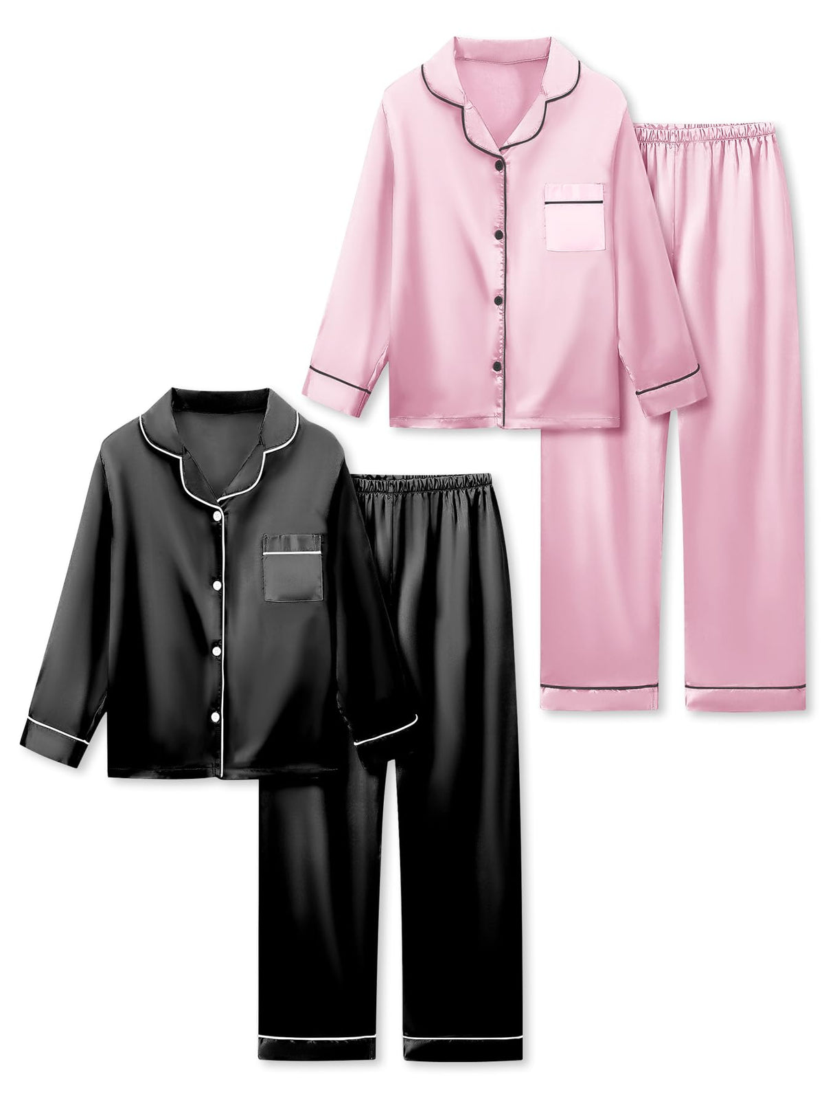 Satin Pajamas for Girls, 4-Piece Long Sleeve Silky Button Down PJ Set