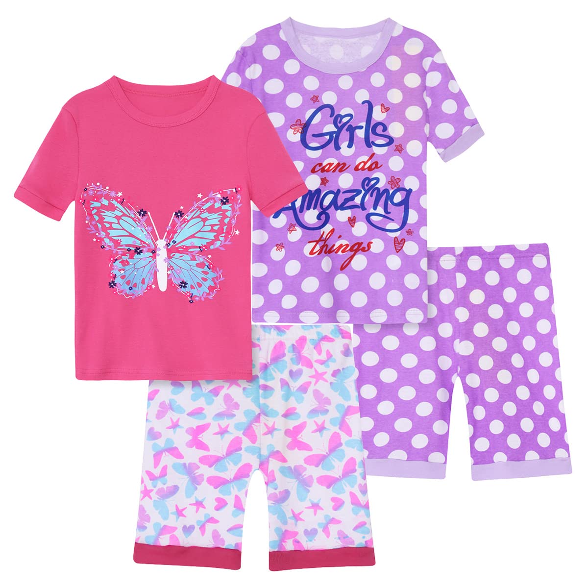Girls Pajama Set, 4-Piece Cotton Pajamas Short Summer PJs Kids Sleepwear