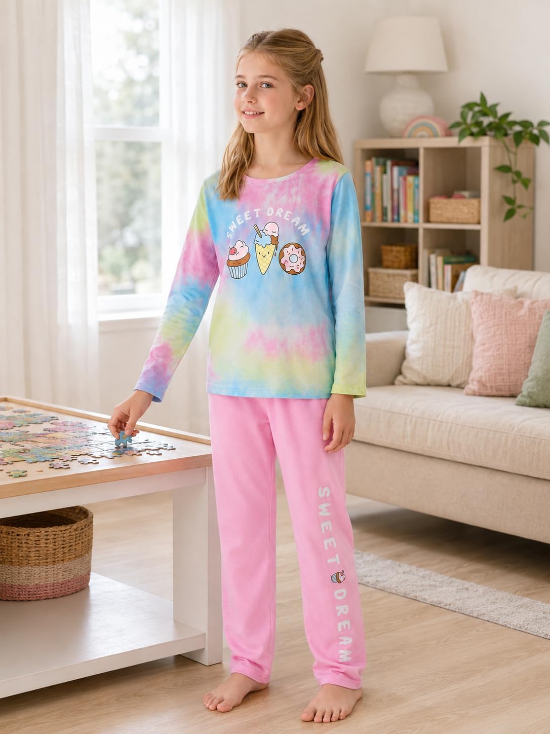 Beezizac Girls' 100% Cotton Pajama Set, Tie-Dye with Various Prints, 4T–18
