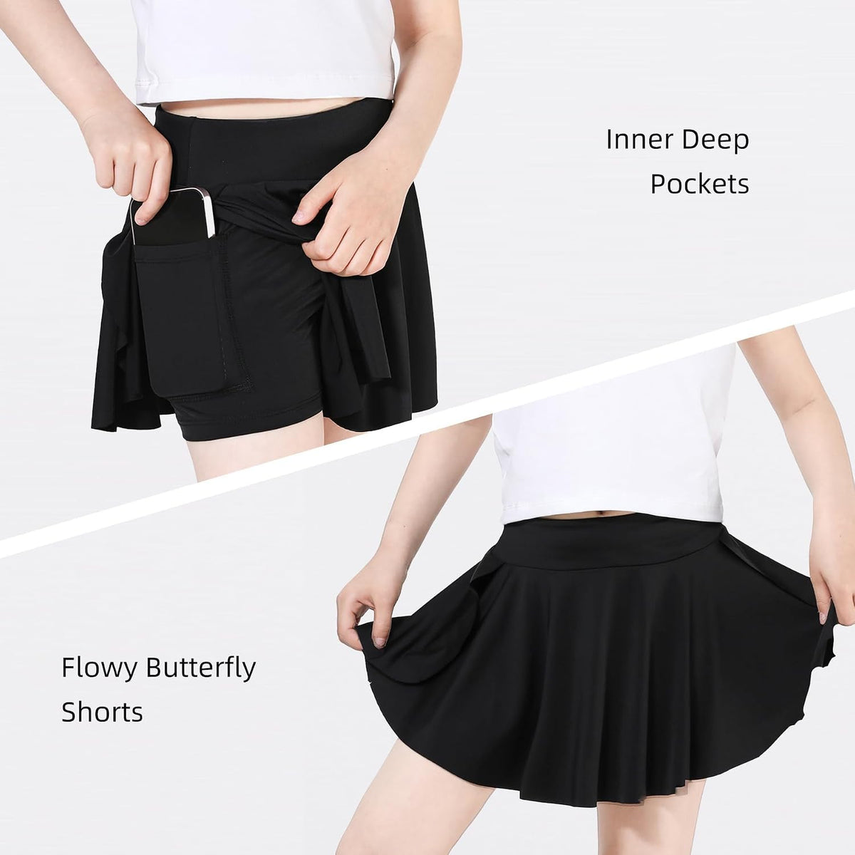 Skort Girls, Athletic Skirts for Tennis Golf, Butterfly Flowy Shorts for Kids, Shorts with Pocket